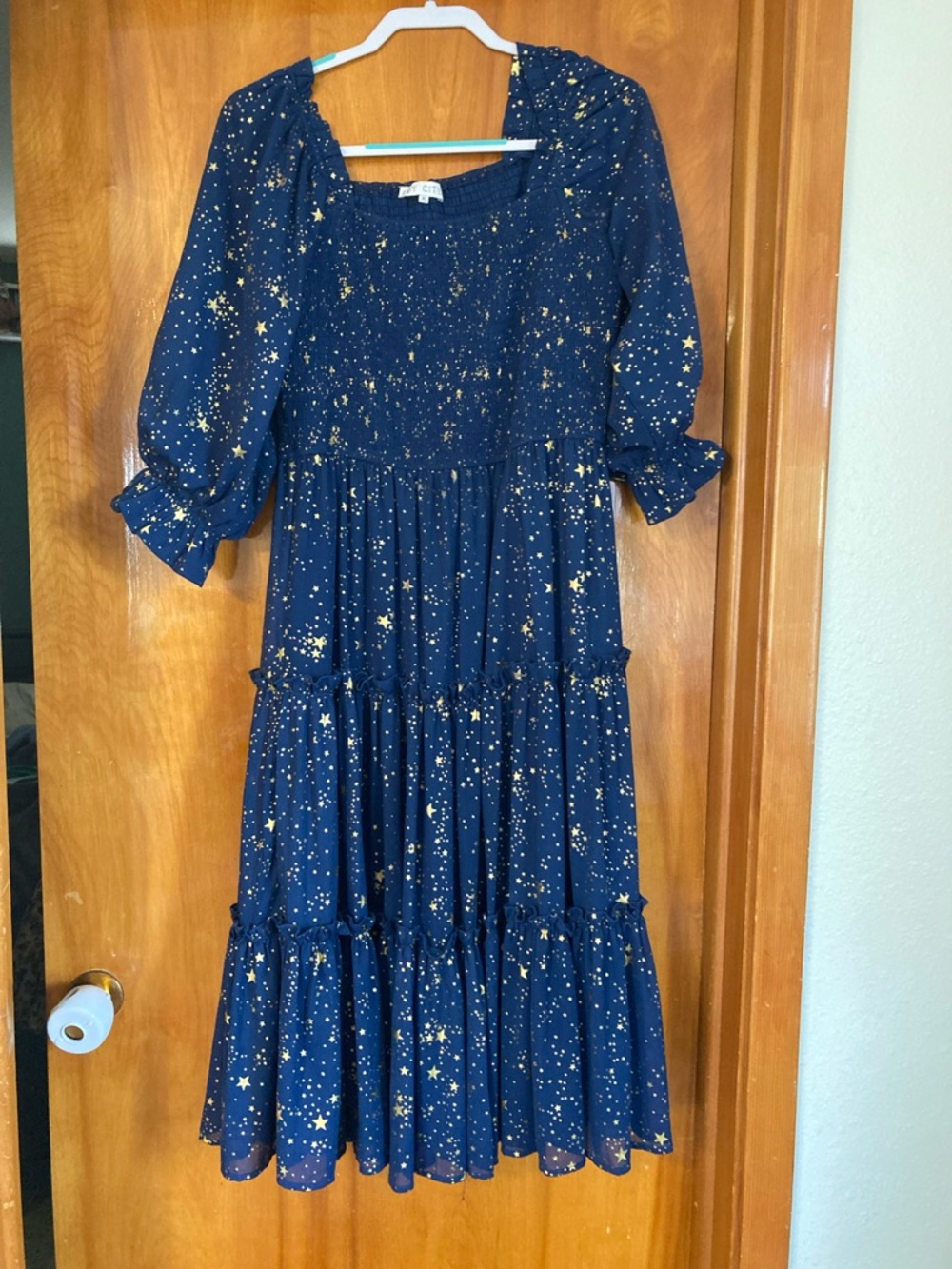 Ivy City Co Navy Midi Dress with Gold Star Print